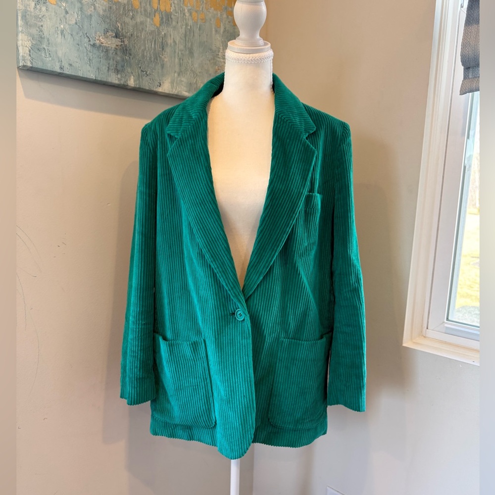 Vintage JCPenney Teal Green Corduroy Blazer Size 18 Shoulder Pads